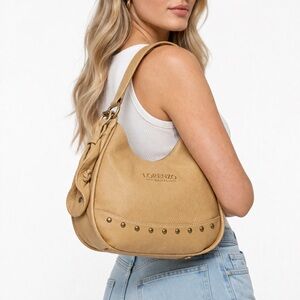 Lorenzo Banfi Y2K Crescent Hobo Bag Soft Pebbled Leather Studded Cream Mustard
